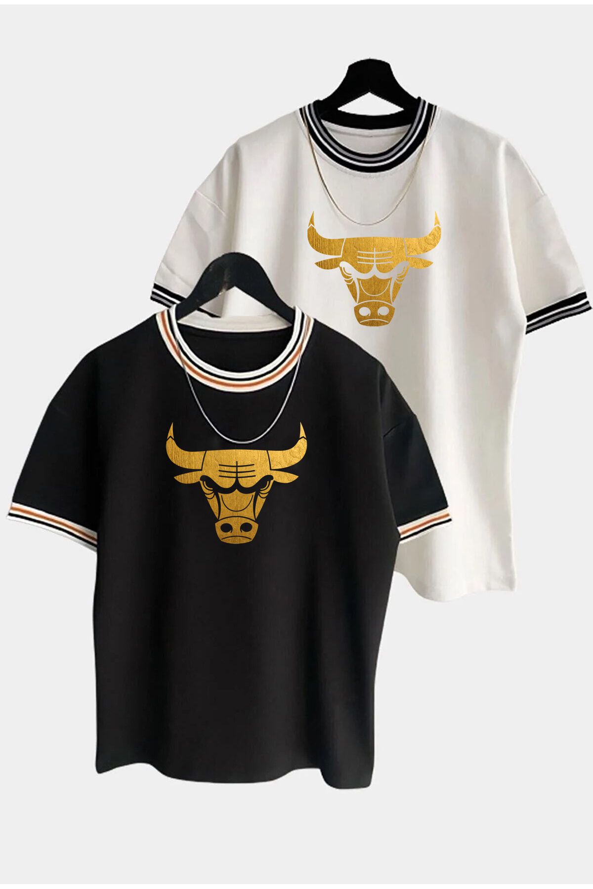 MARECASH Erkek 2'li Siyah - Beyaz Yeni Sezon Chicago Bulls Oversize Kalıp Yaka Detaylı Yazlık T-shirt