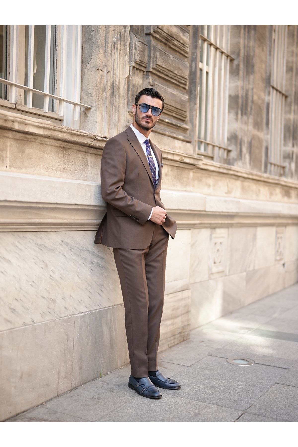LONATOLİA Premium Erkek Slim Fit İtalyan Stil Punto Dikişli Yarım Astarlı Takım Elbise Ceket Pantolon-Kahve