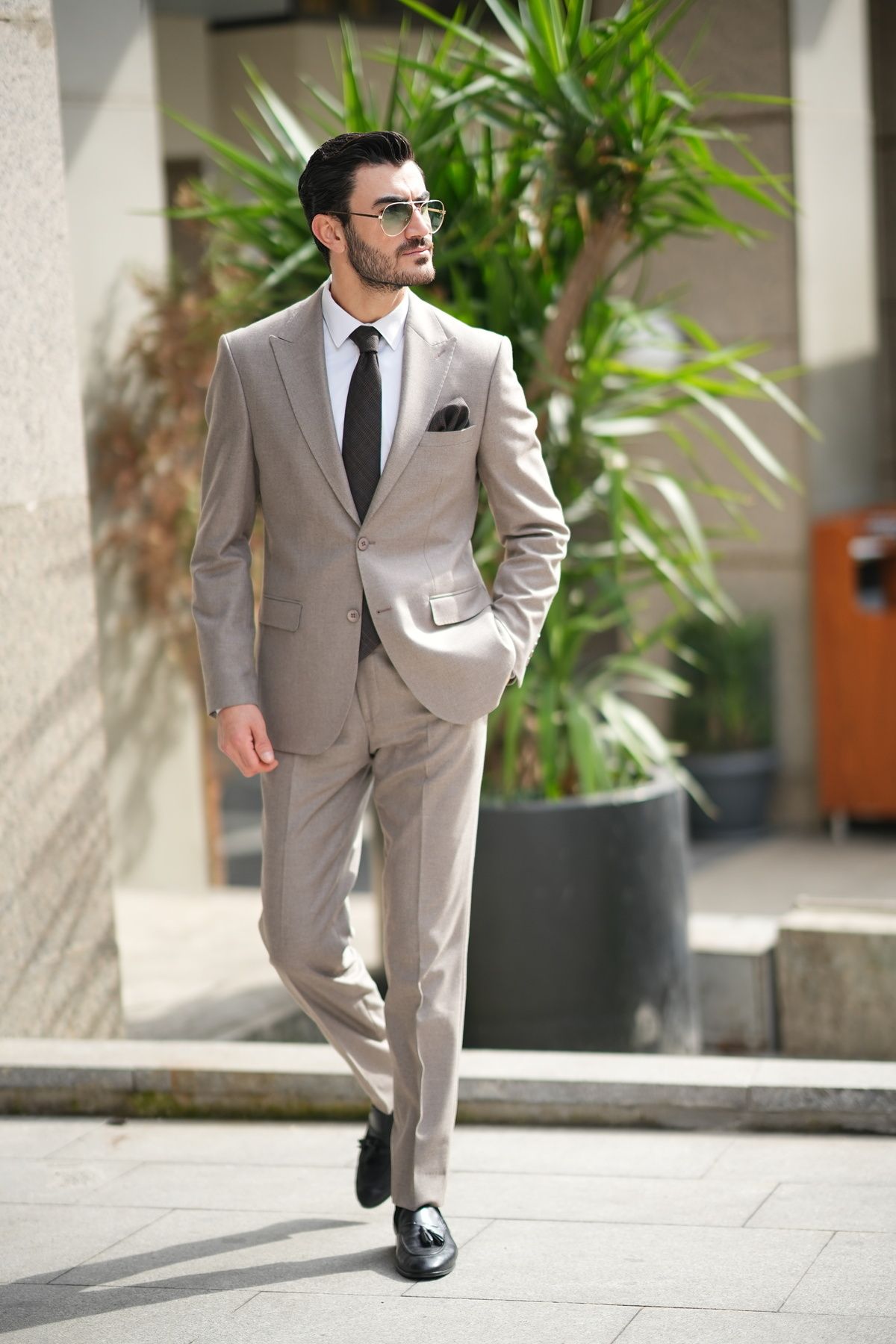LONATOLİA Premium Erkek SlimFitİtalyan Stil Punto Dikişli Yarım Astarlı Takım Elbise Ceket Pantolon-SütlüKahve