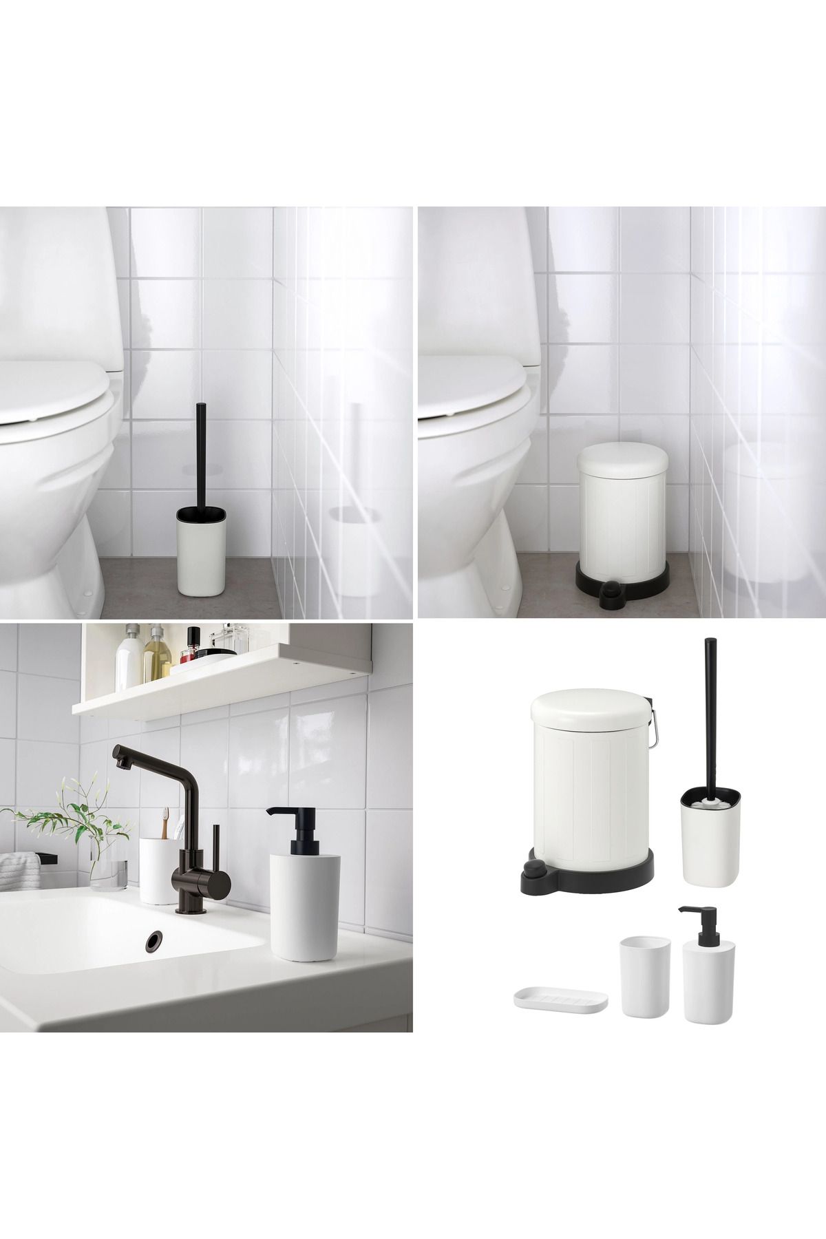 IKEA 5'li Banyo Seti Çöp Kovası Diş Fırçalık Sabunluk Tuvalet Fırçası Beyaz Galvaniz Çelik ve Plastik