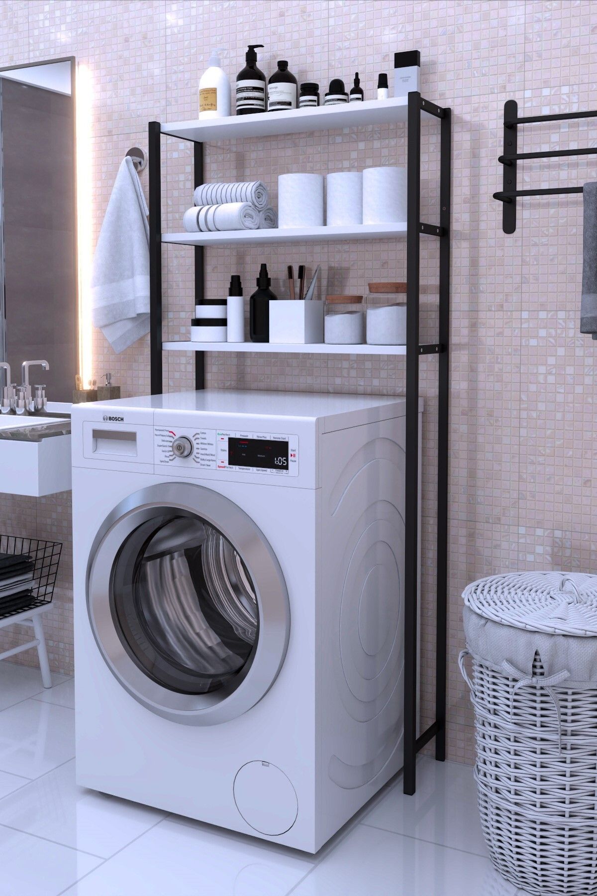 DizaynMotion Çamaşır Makinesi Üstü Düzenleyici Raf Banyo Rafı Makina Üstü Çok Amaçlı Dolap - BEYAZ