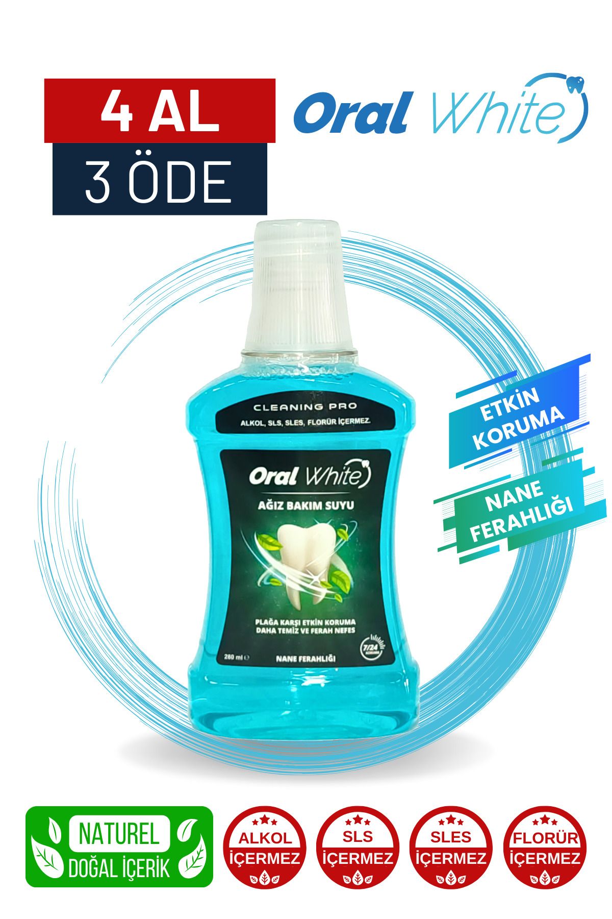 Oral White Cleaning Pro Ağız Bakım Suyu Nane Ferahlığı 280 ml Alkolsüz