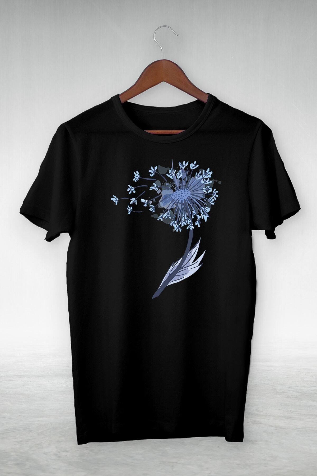 NOVVO Siyah - Blue Sıngle Flower Baskılı Illustrasyon Tshırt - Vip Tasarım Tshirt