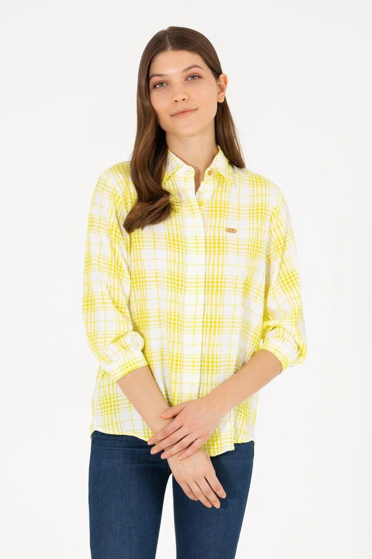 U.S. Polo Assn. Neon Sarı Uzun Kollu Şık Mevsimlik Kumaş Kadın Gömlek - Nehrin Style