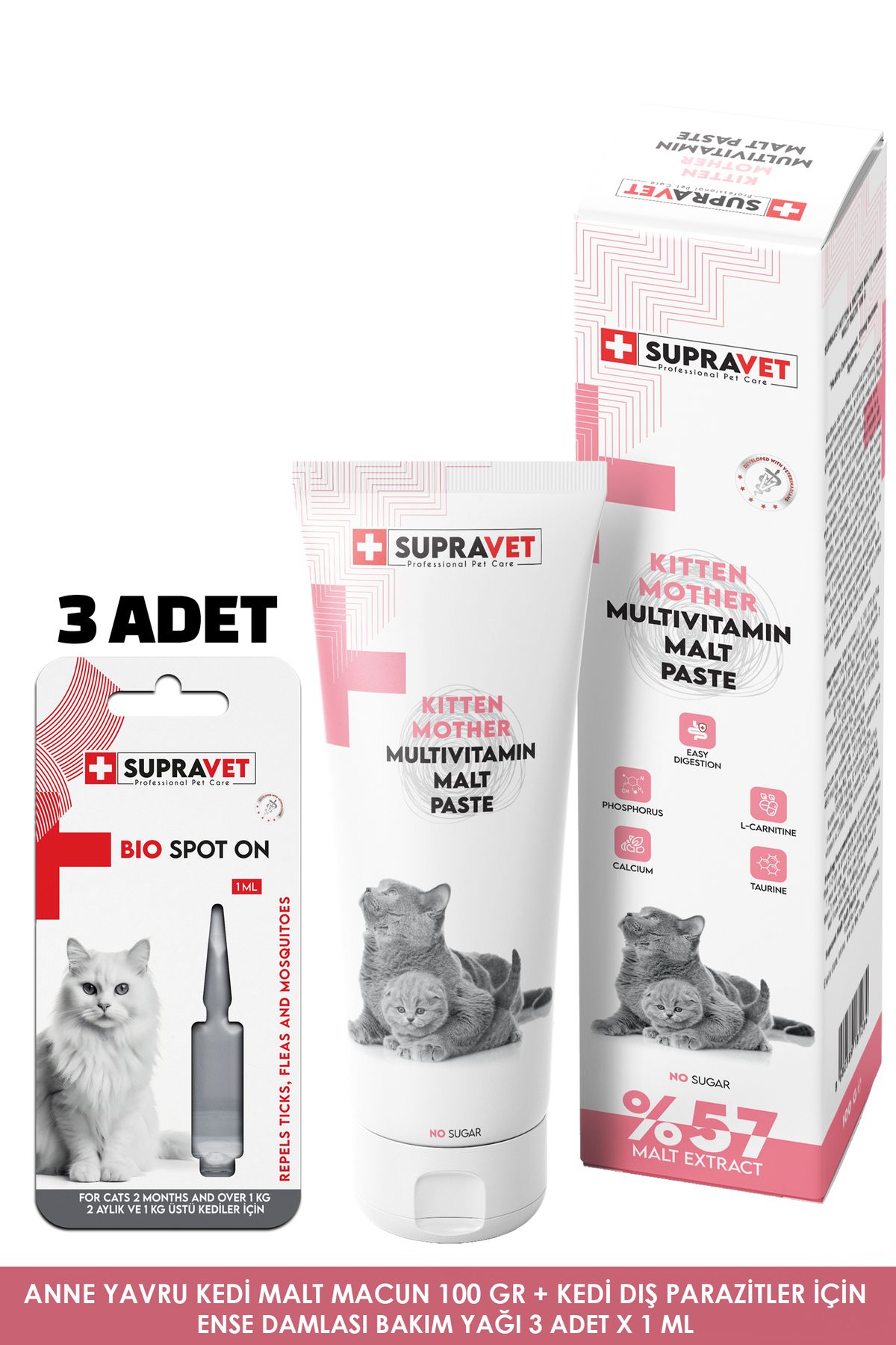 Supravet Anne Yavru Kedi Malt Macun 100 Gr + Kedi Parazit Bakım Yağı Damlası 3 ADET