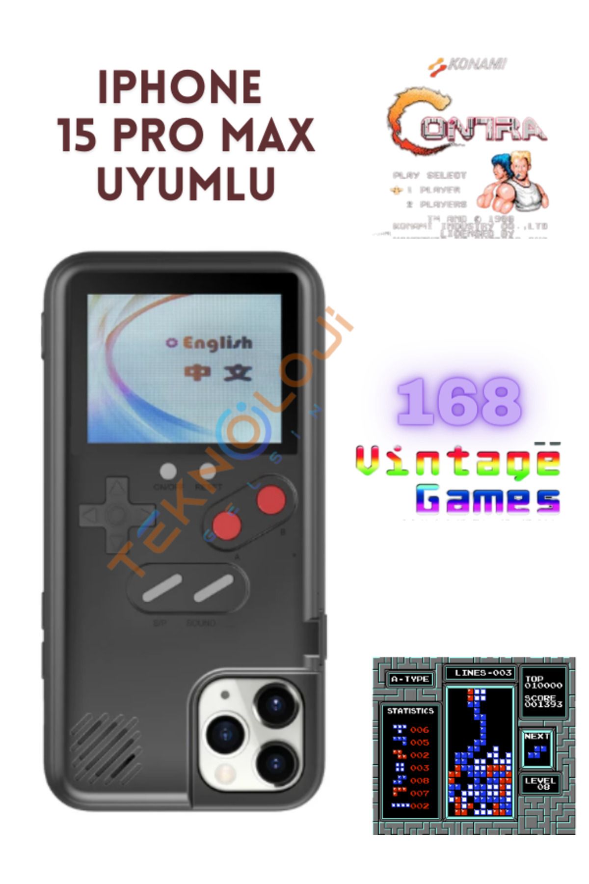 Teknoloji Gelsin Iphone 15 Pro Max Kılıf Vintage Oyun Retro Atari Kılıf 168 Oyun Gameboy Telefon Koruyucu