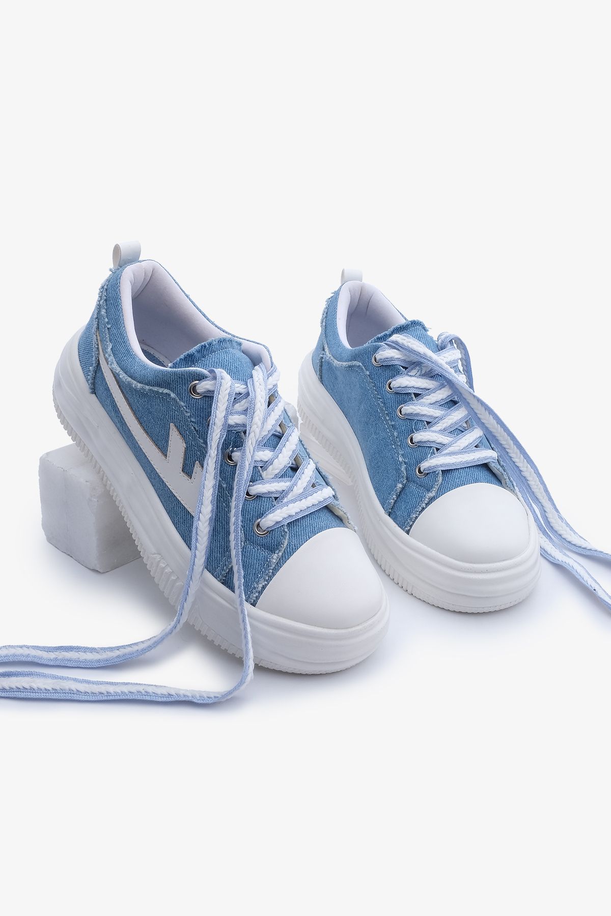 Marjin Kadın Sneaker Yüksek Taban Bağcıklı Spor Ayakkabı Arhes Mavi Kot