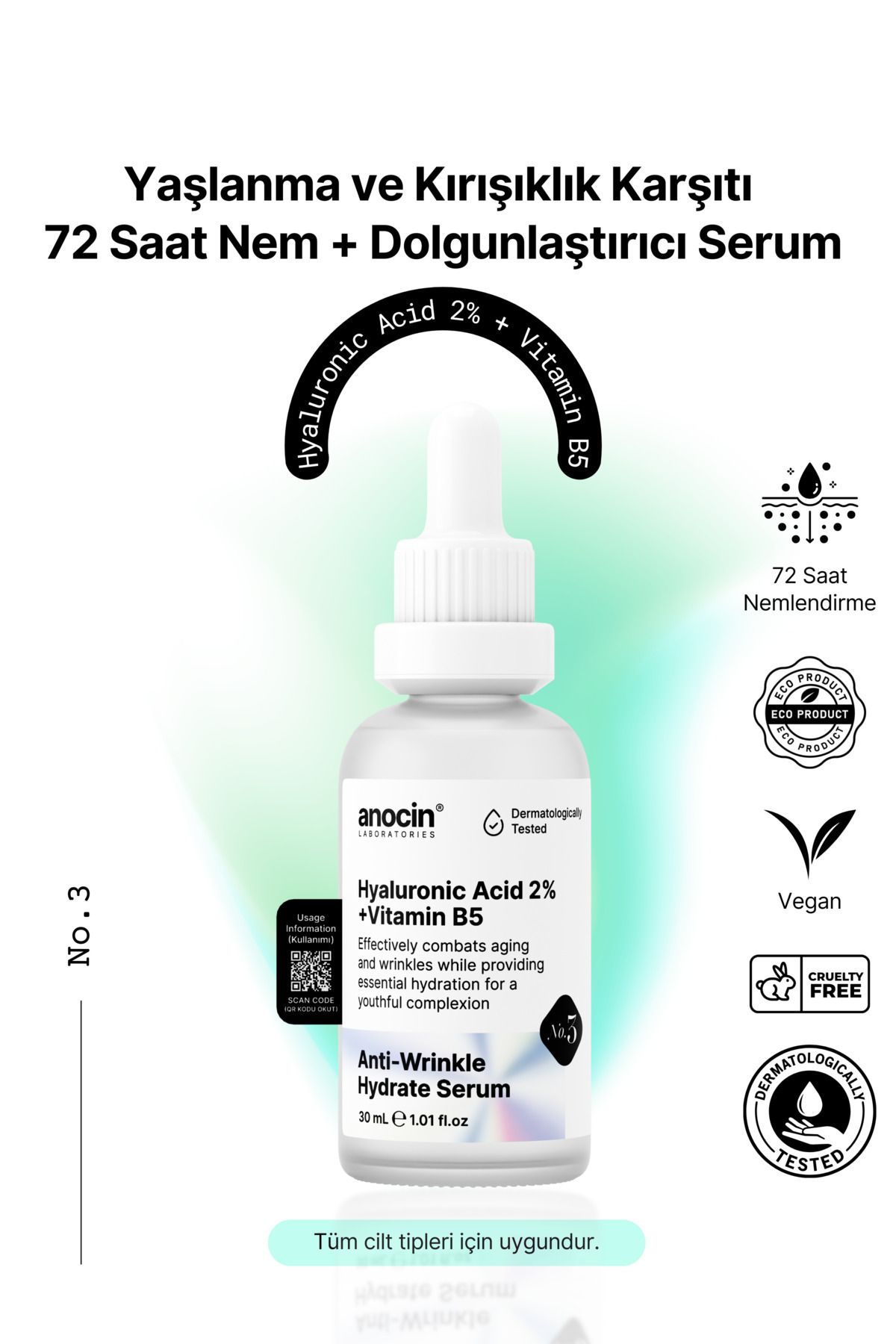 anocin Hyaluronic Acid 2% + Vitamin B5 Yaşlanma ve Kırışıklık karşıtı, 72 saat Nem ve Dolgunlaştırıcı serum