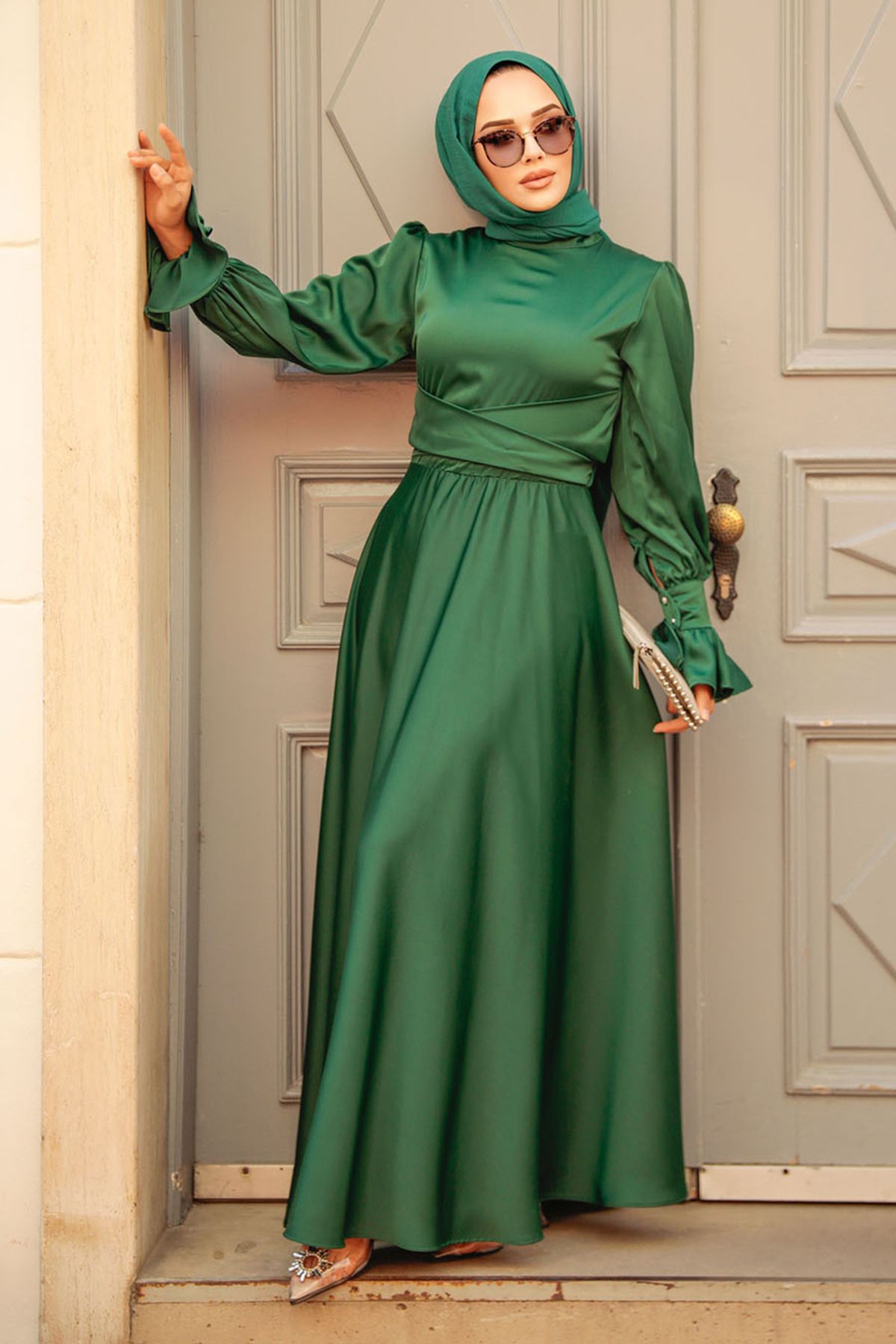 Neva Style Yeşil Tesettür Saten Abiye Elbise 5983Y