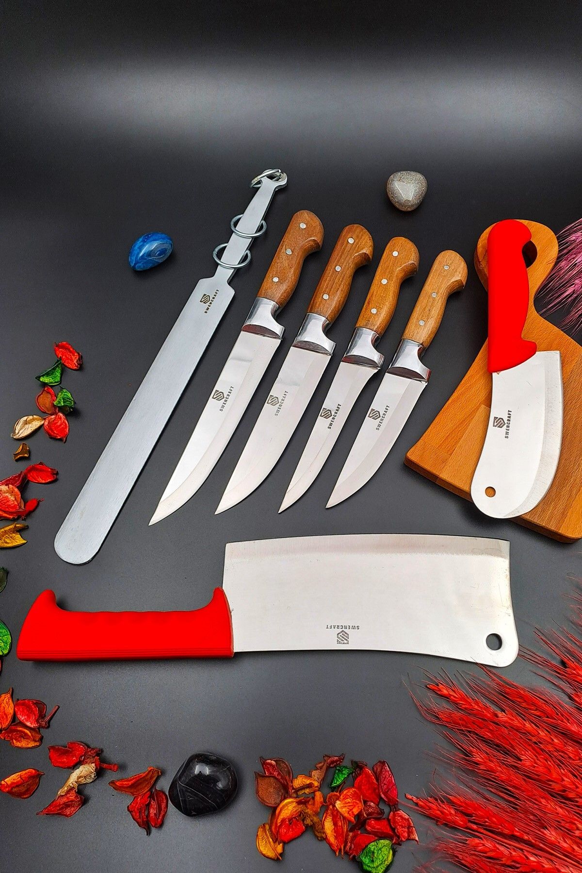 SWENCRAFT Mutfak Kasap Kurban Sürmene Yatağan Soğan Börek Satır Bıçak Seti Ve Lüks Masat 7 Parça Çeyiz Seti