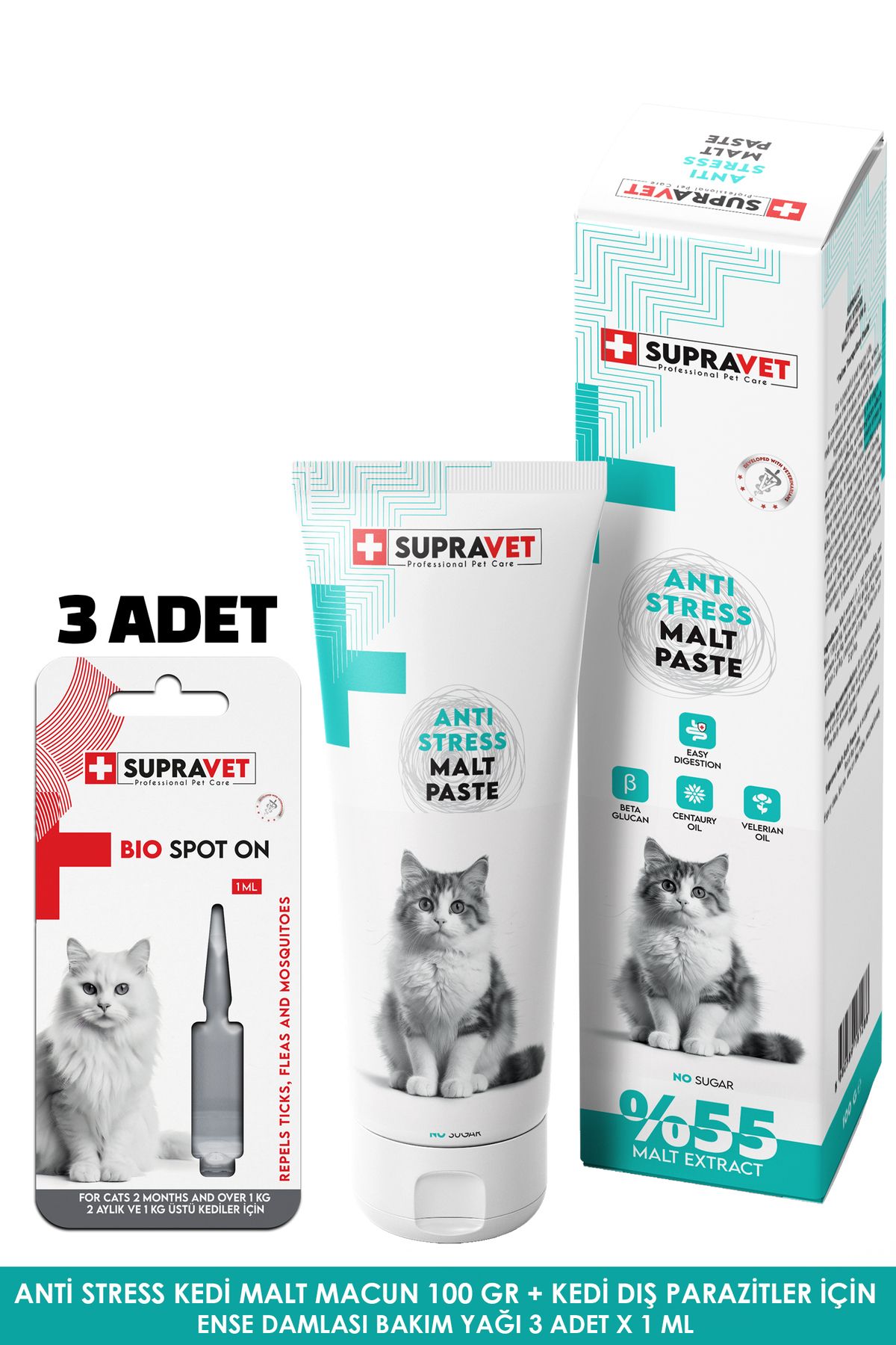 Supravet Sakinleştirici Kedi Malt Macun 100 Gr + Kedi Dış Parazit Bakım Yağı Damlası 3 ADET