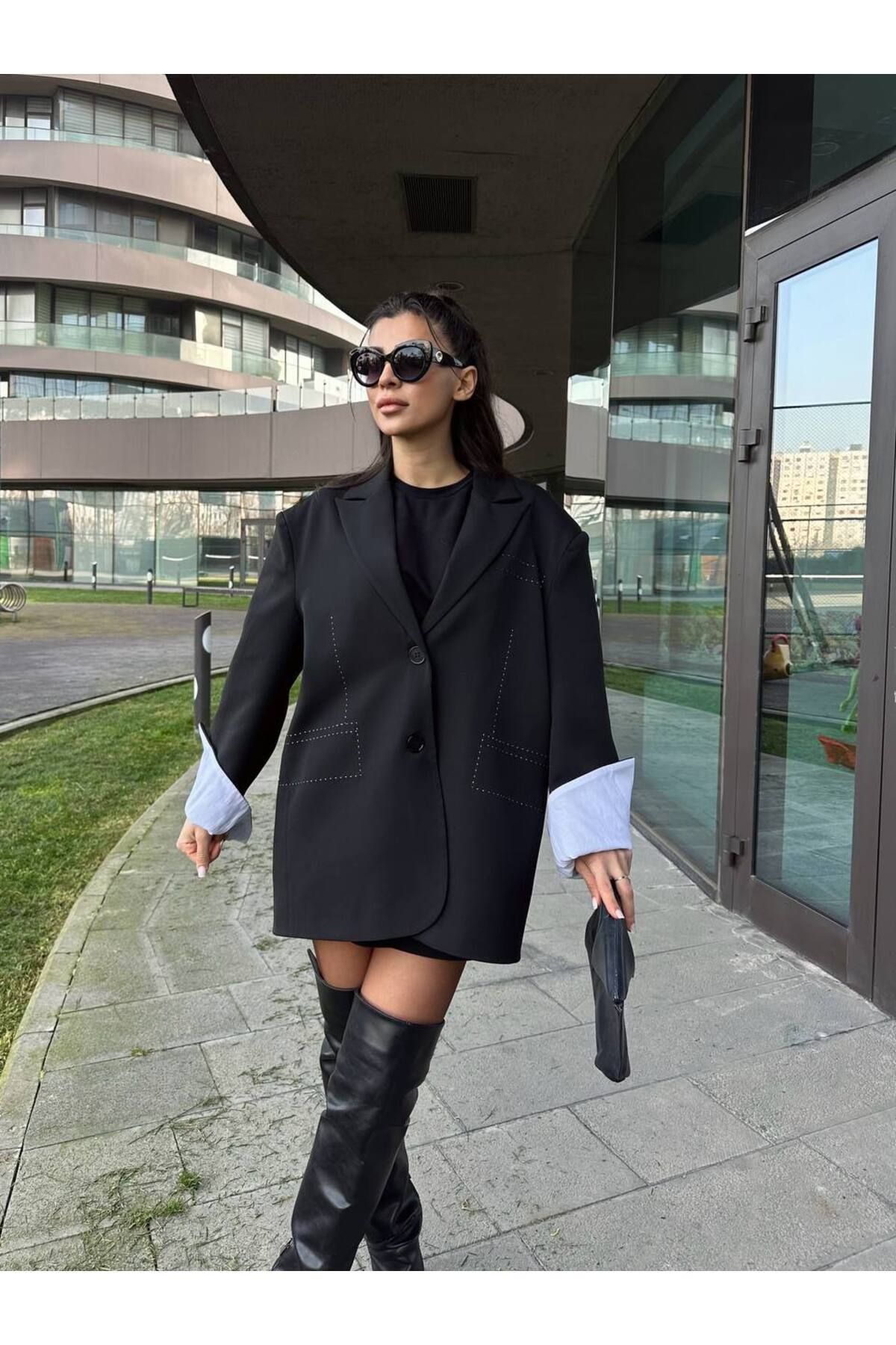 Pienk Dikiş Detaylı Oversize Siyah Kadın Blazer Ceket