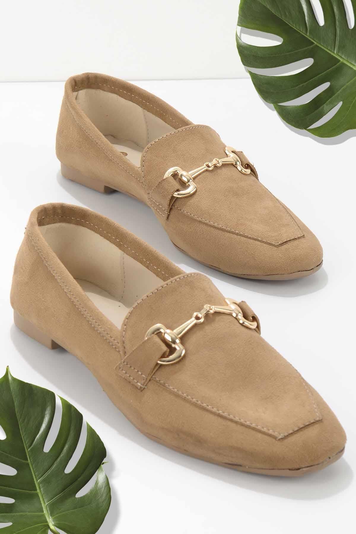 Bambi Camel Süet Kadın Loafer Ayakkabı K01671301602