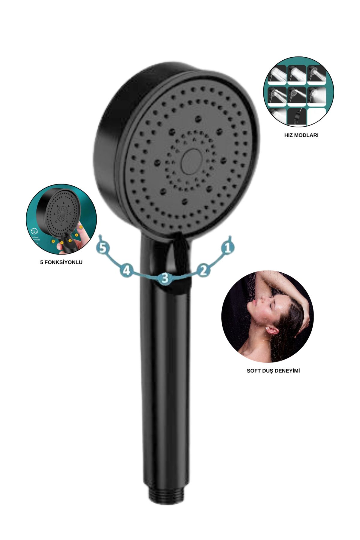 Irmak Siyah Mat Duş Başlığı | Yüksek Basınçlı 5 Fonksiyonlu Ayarlanabilir Mat El Duşu | Duş Başlığı Siyah