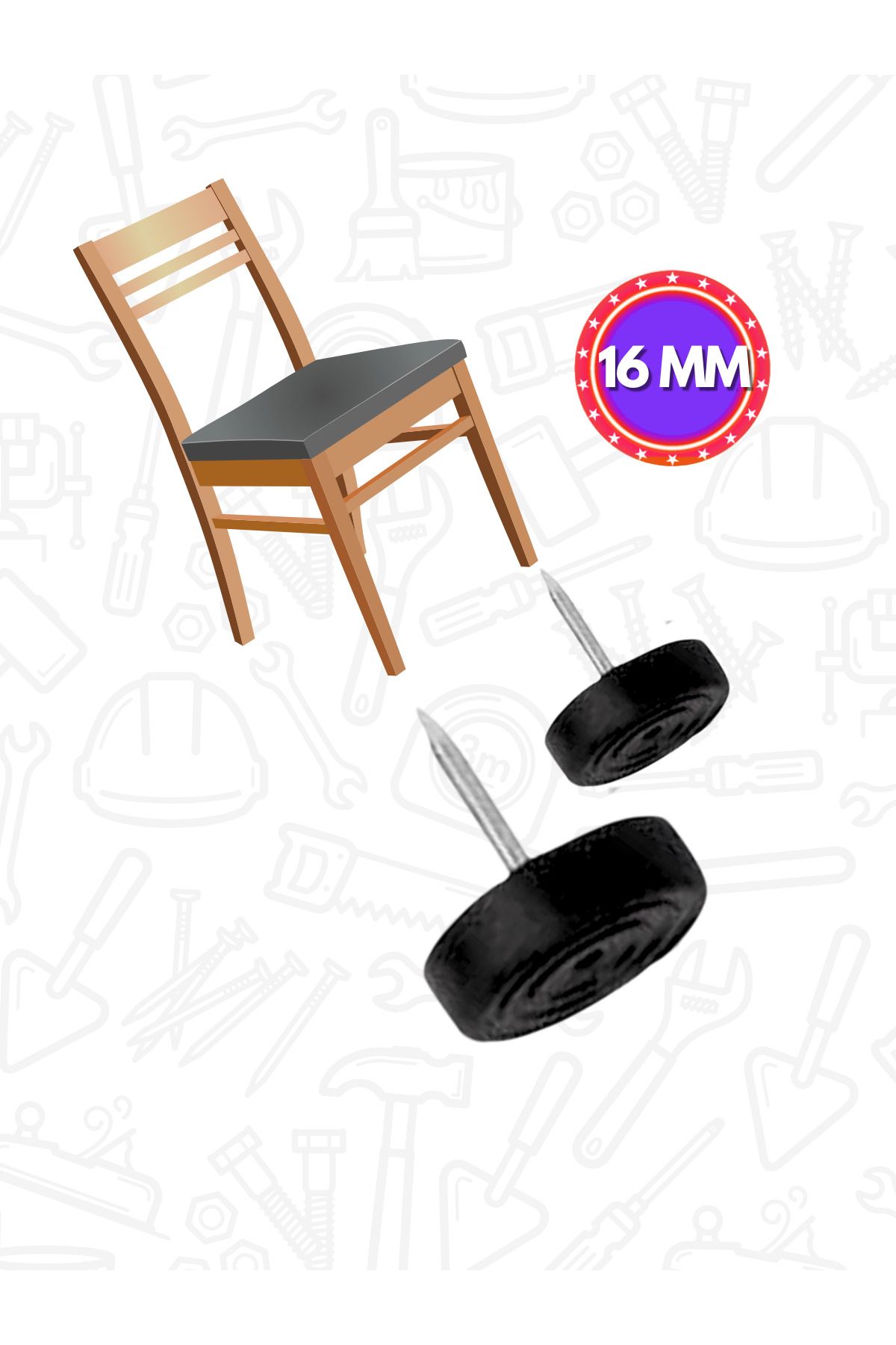 Dünya Sünger Çivili Papuç Masa Sandalye Altına Kaydırmaz Zemin Koruyucu 25 Adet Siyah Papuç 16 mm