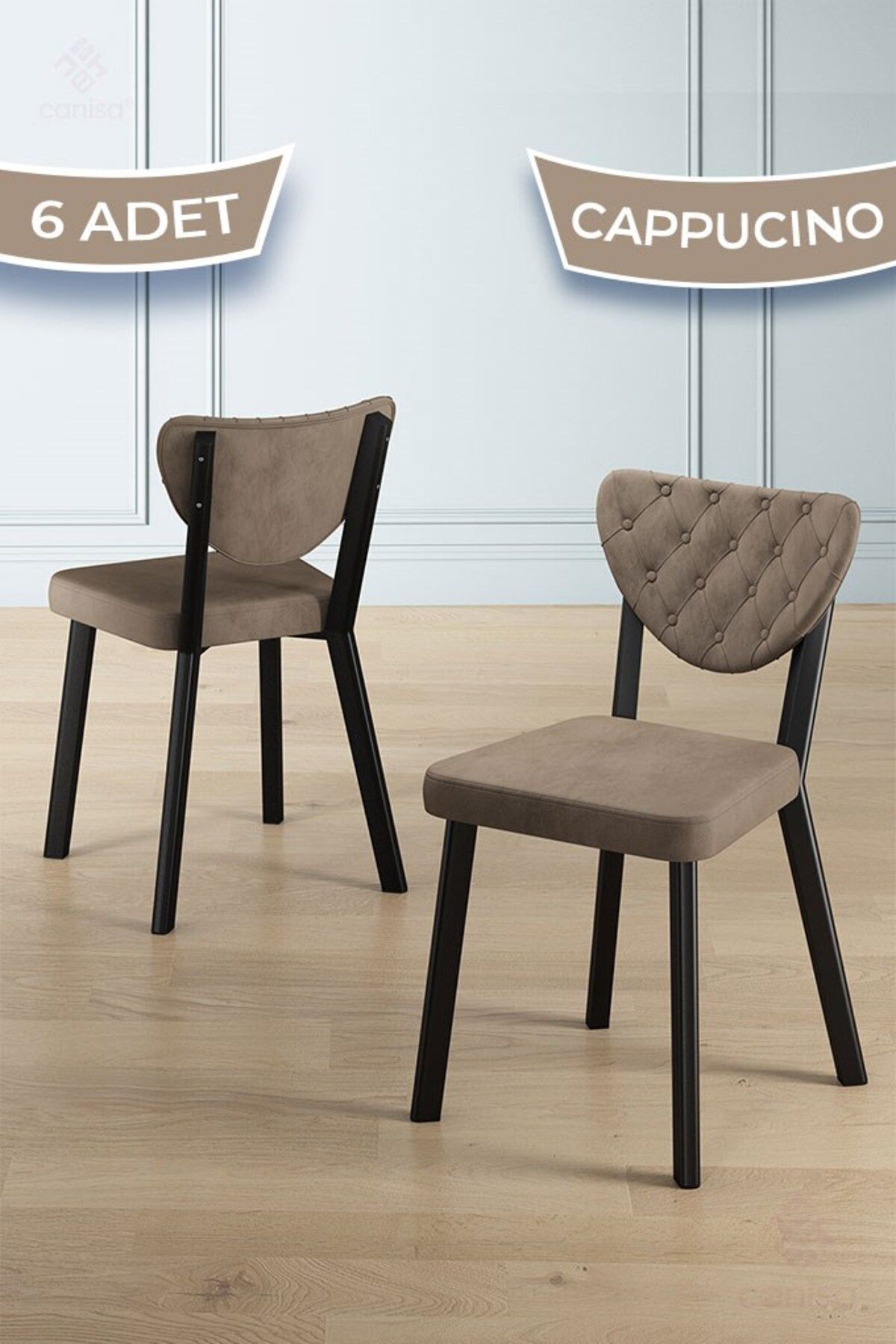 Canisa Alse Serisi 6 Adet Cappucino Mutfak Sandalyesi Siyah Metal İskeletli 1. Sınıf Babyface Kumaş