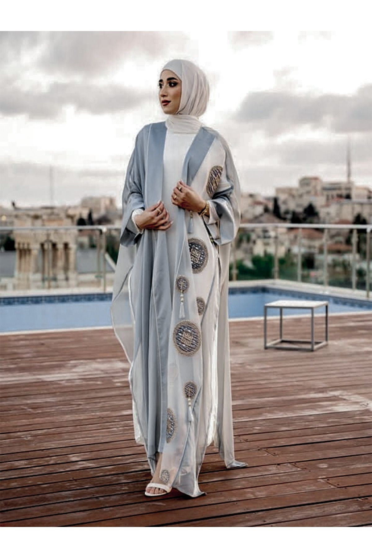 fiore fashion Gri Kaftan Abaya Müslüman Elbise Islam Ferace Abaya Bisht Daraa` Ince Kumaşı