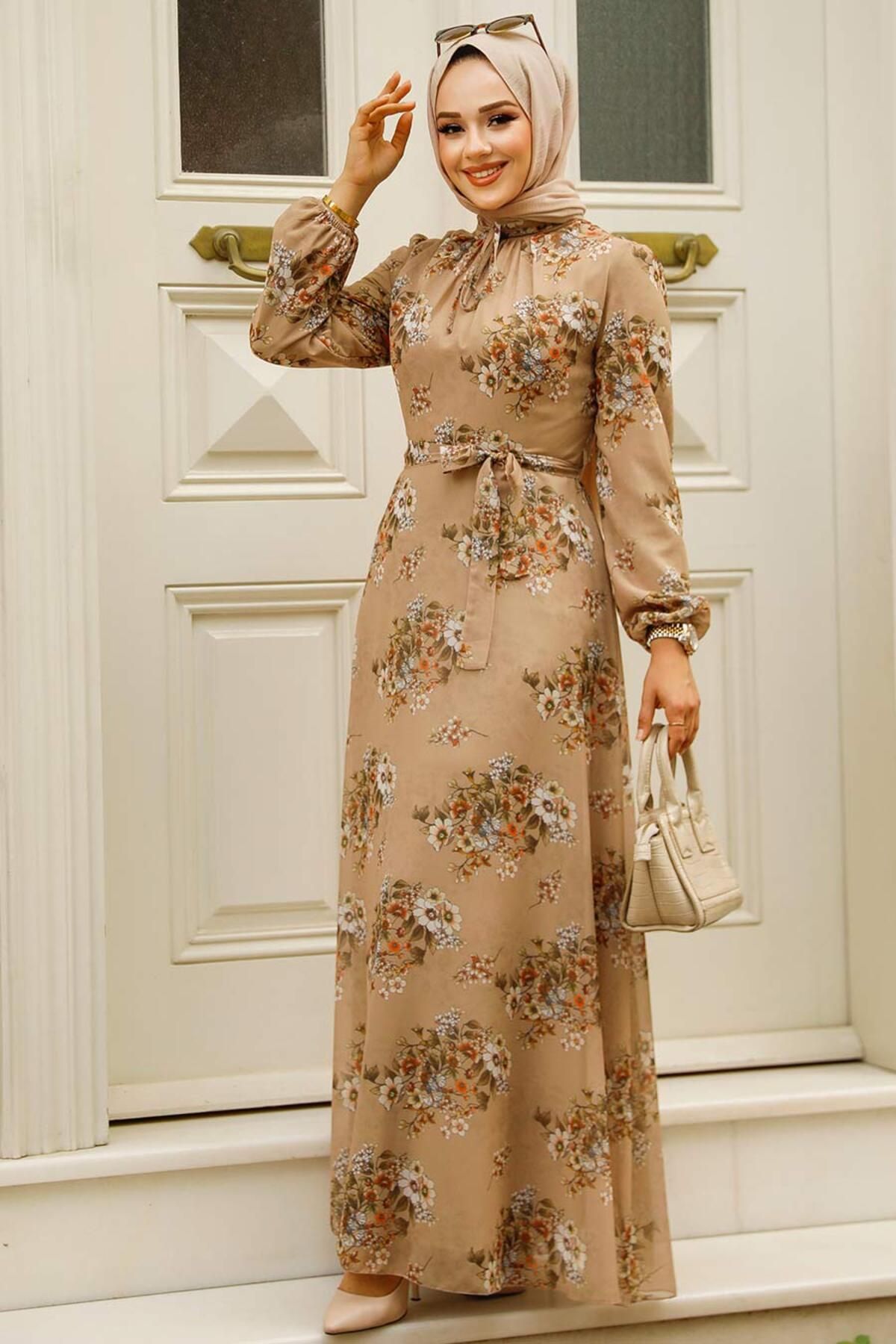Neva Style - Çiçek Desenli Vizon Tesettür Elbise 279082v
