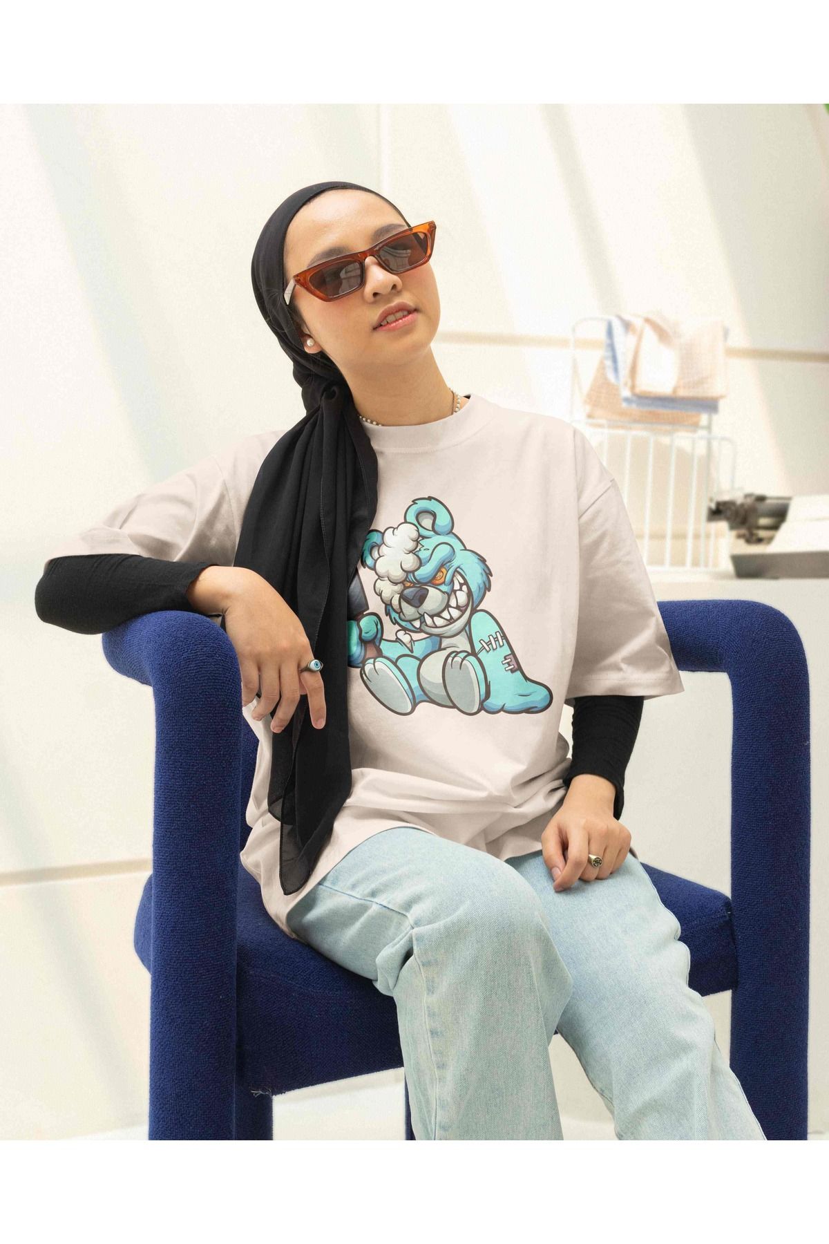 DogFish Kadın Bej Teddy Baskılı Oversize Tesettür T-shirt
