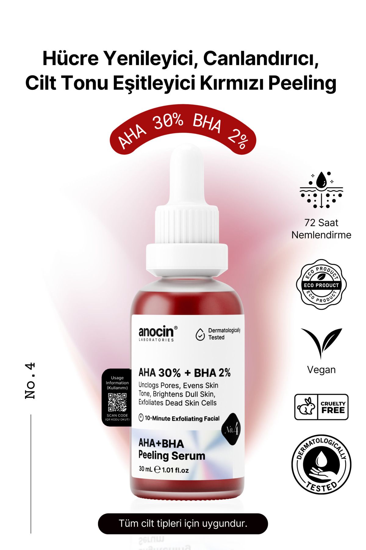 anocin AHA 30% + BHA 2% Canlandırıcı & Cilt Tonu Eşitleyici Kırmızı Peeling Cilt Serumu