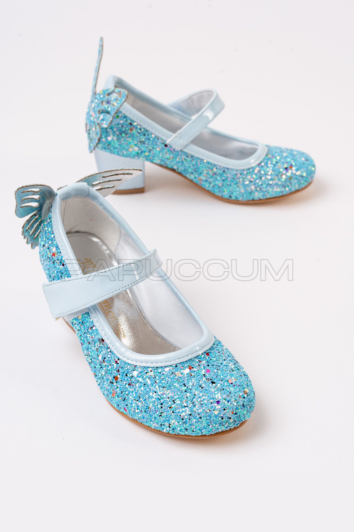 p papuccum ortopedi çocuk ayakkabıları Kız Çocuk Mavi Kelebekli Topuklu Abiye Ayakkabı