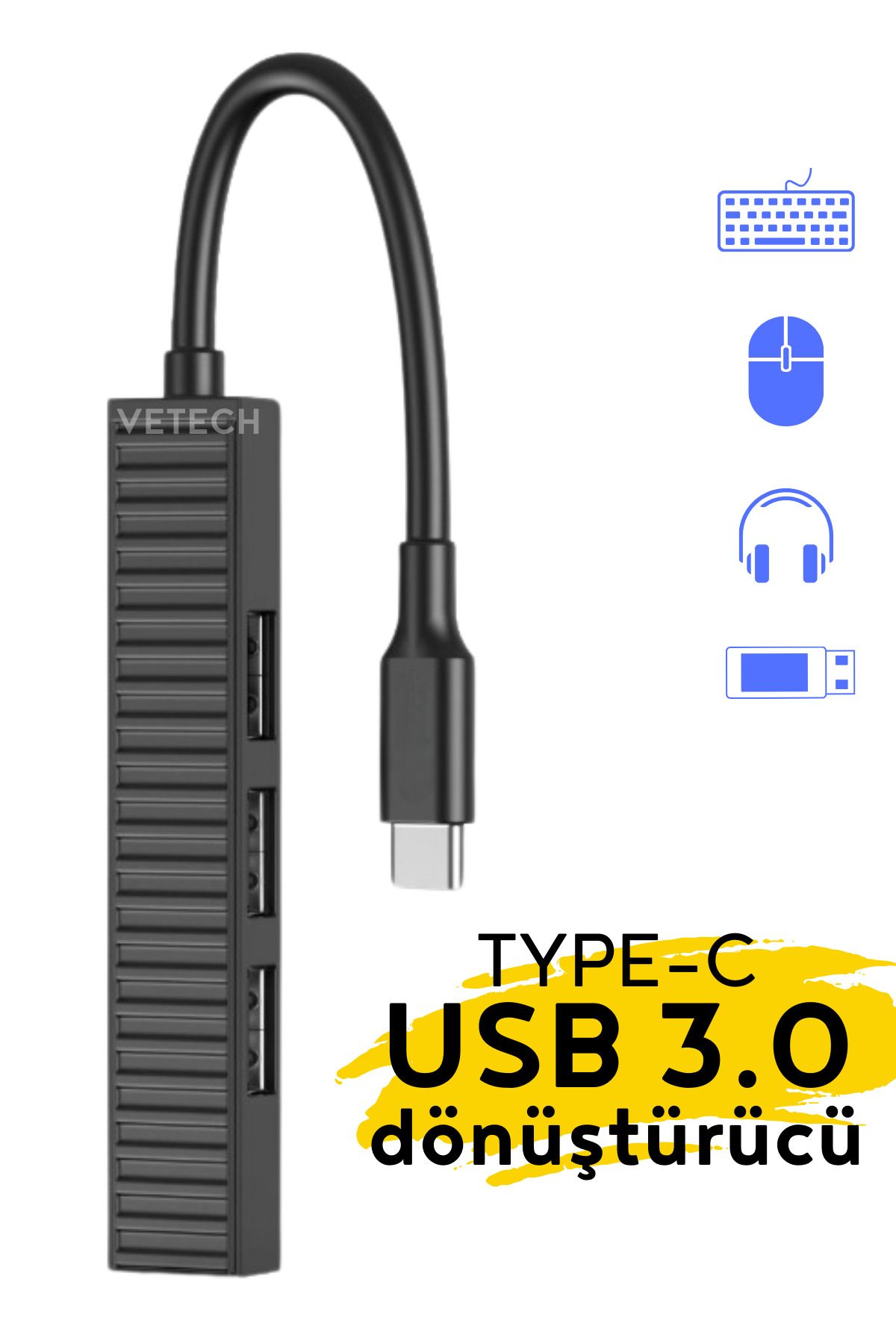 Vetech TYPE C USB Dönüştürücü Hub 4 Port Çoklayıcı Macbook / Laptop / Notebook Uyumlu Çoğaltıcı