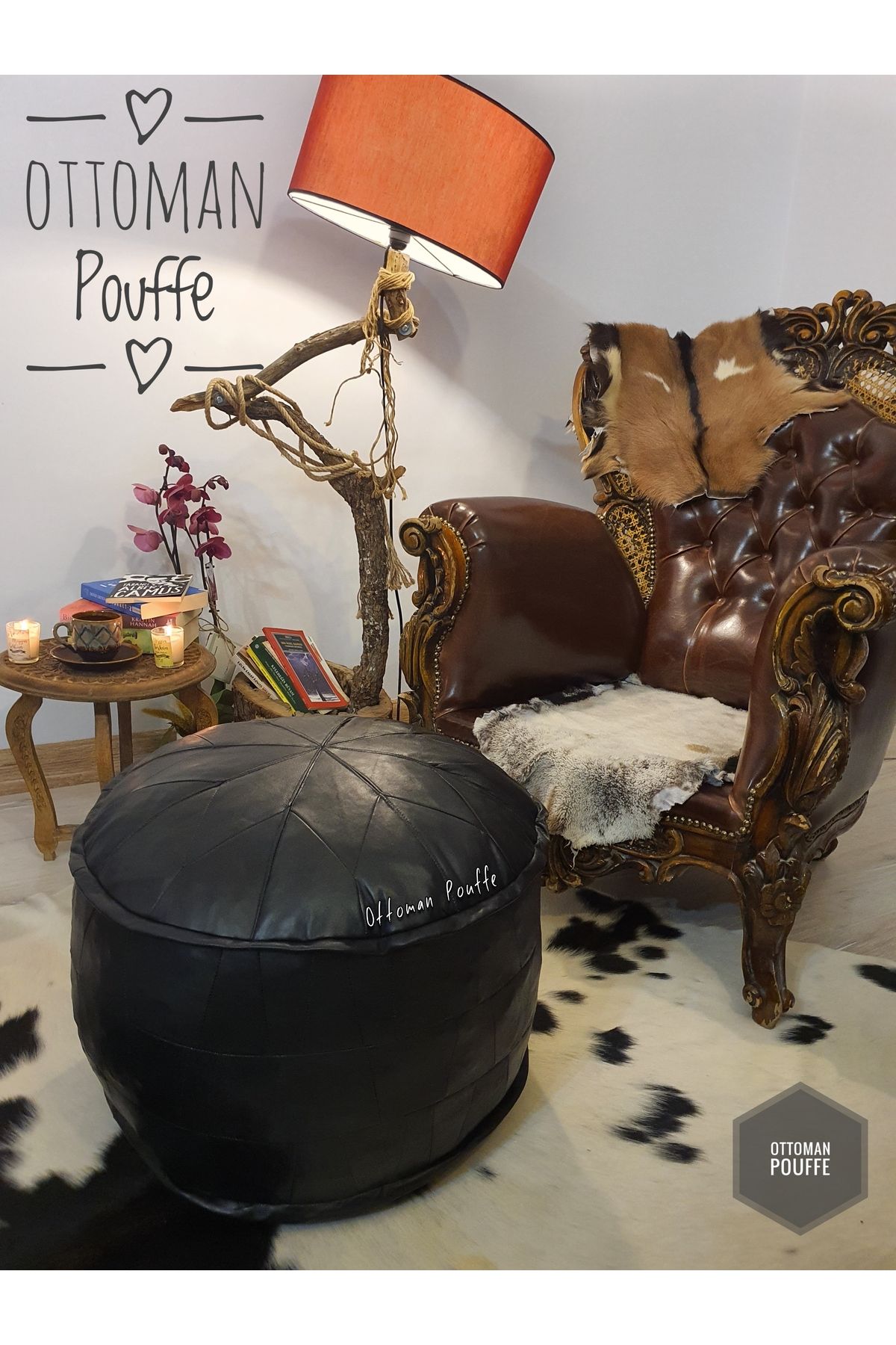 Ottoman Pouffe İskandinav El Yapımı Hakiki Deri Ottoman Siyah Puf Yer Minderi 60x40cm (DOLGULU)