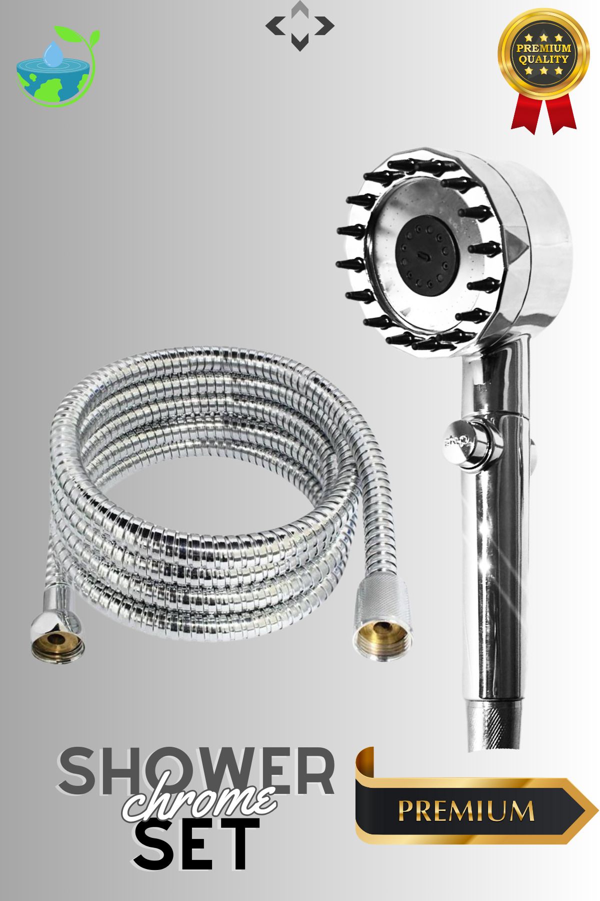 LİGROUND Chrom Shower Set Basınçlı Kademeli Duş Başlığı Şeffaf Pvc Krom Desenli Duş Hortumu Masajlı Duş Set