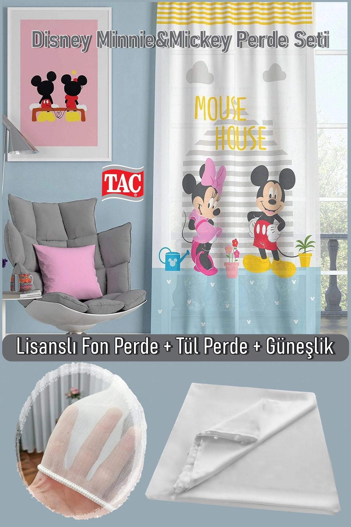 Taç Disney Minnie & Mickey Tekli Fon Perde + Bambu 1x3 Sık Pile Tül + Saten Güneşlik