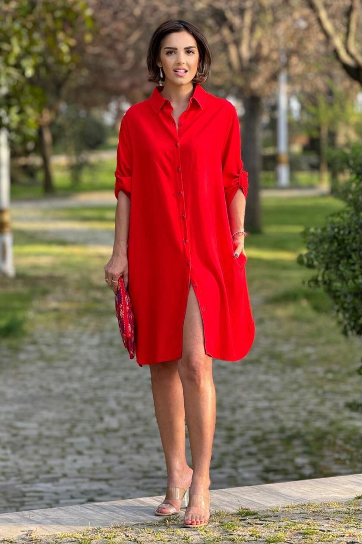 Nevin Kaya Moda Midi Boy Kırmızı Renk Gömlek Elbise