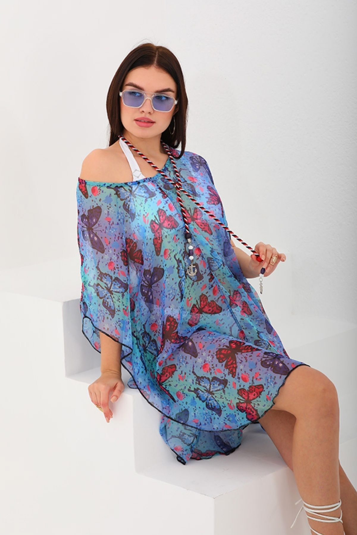 marecaldo Yazlık Kadın Giyim Modası Mayo Üzeri Yarasa Pareo Modeli Farfalla mavi desen