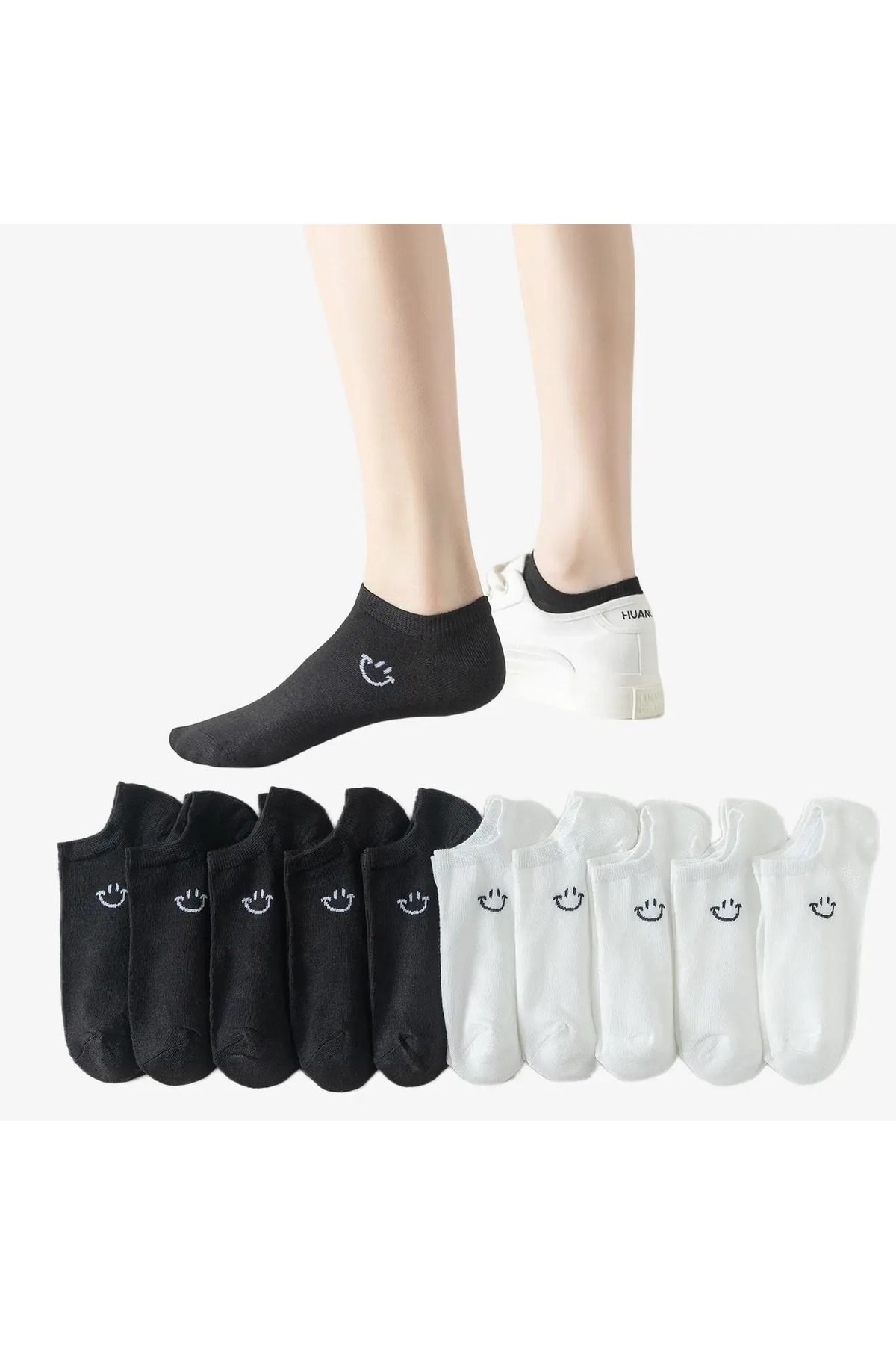 çorapmanya 10 Çift Koton Siyah Beyaz Gülen Yüz Kadın Patik Çorap