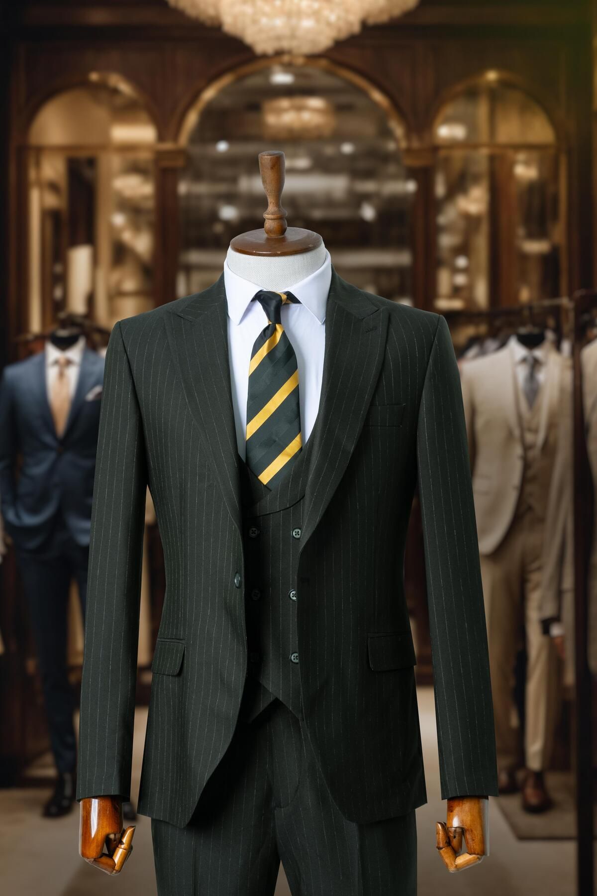 Salihtarzz Takım Elbise İtalyan Kesim Çizgili Yelekli K.Yeşil SD4178