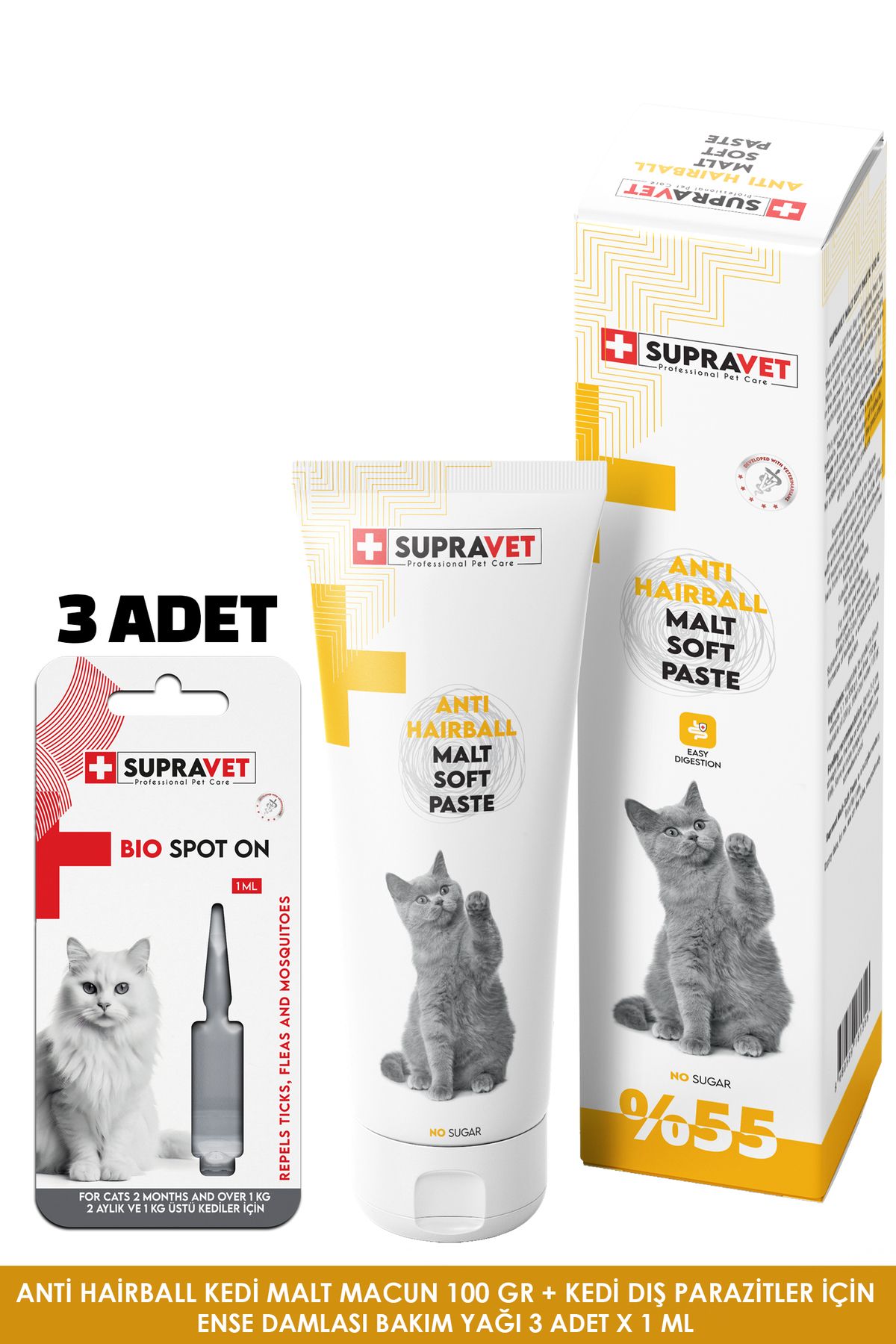 Supravet Anti Hairball Tüy Yumağı Önleyici Kedi Malt Macun 100 Gr +Kedi Dış Parazit Bakım Yağı Damlası 3 ADET