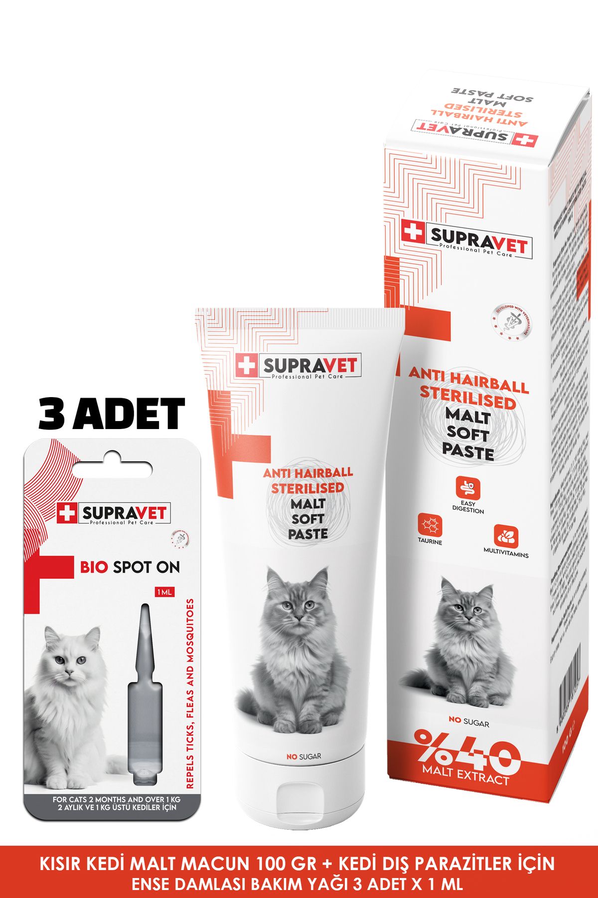 Supravet Sterilised Kısırlaştırılmış Kedi Malt Macun 100 Gr +Kedi Dış Parazit Bakım Yağı Damlası 3 ADET