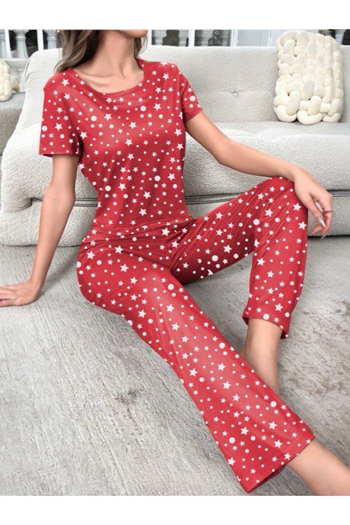 MEYLİYA KIRMIZI beyaz yıldız baskılı kısa kollu kadın pijama takımı suprem soft PNY