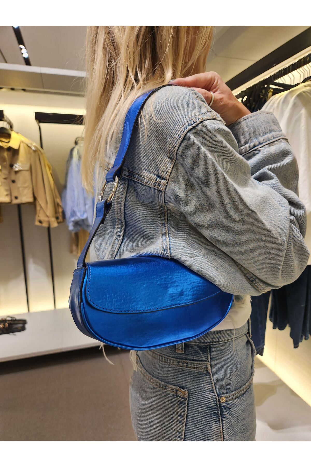 Mercan Stores Kadın Parlak Saks Mavi Deri Neon El Ve Omuz Çantası