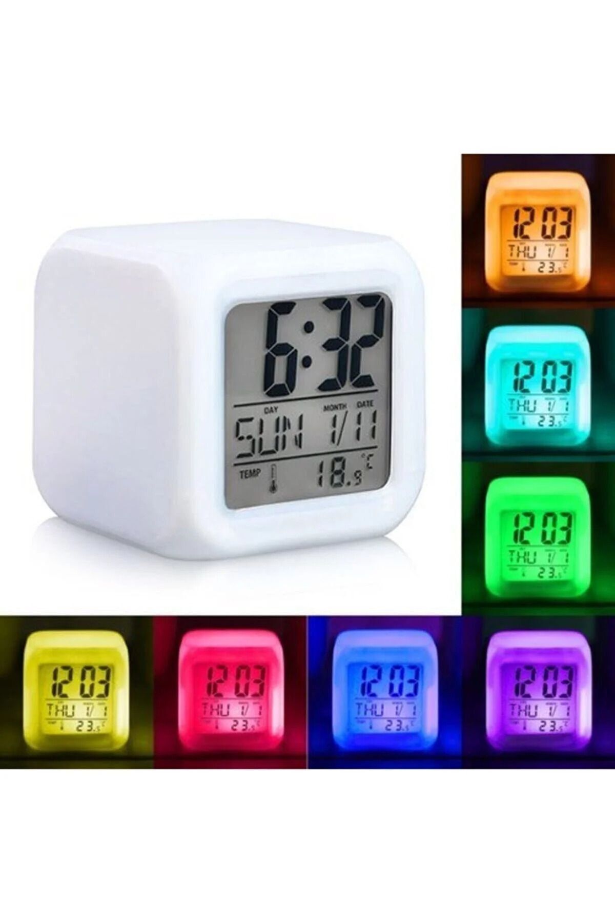 CNGZSHOP Ev Ofis Masa Saati 7 Renk Değiştiren Dijital Küp Alarmlı Çalar Saat Gece Lambası Takvim Sensörlü