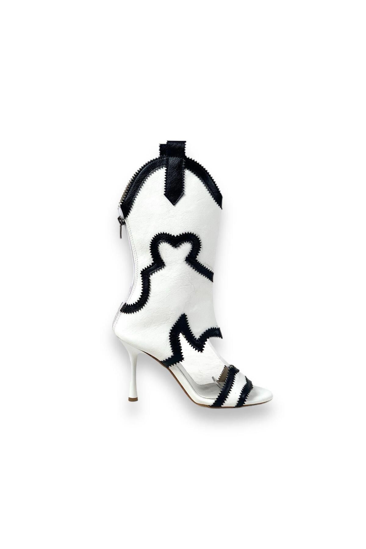 bescobel Kadın Oklam Beyaz İnce Topuk Yazlık Kovboy Çizme Ayakkabı 10 cm 2001