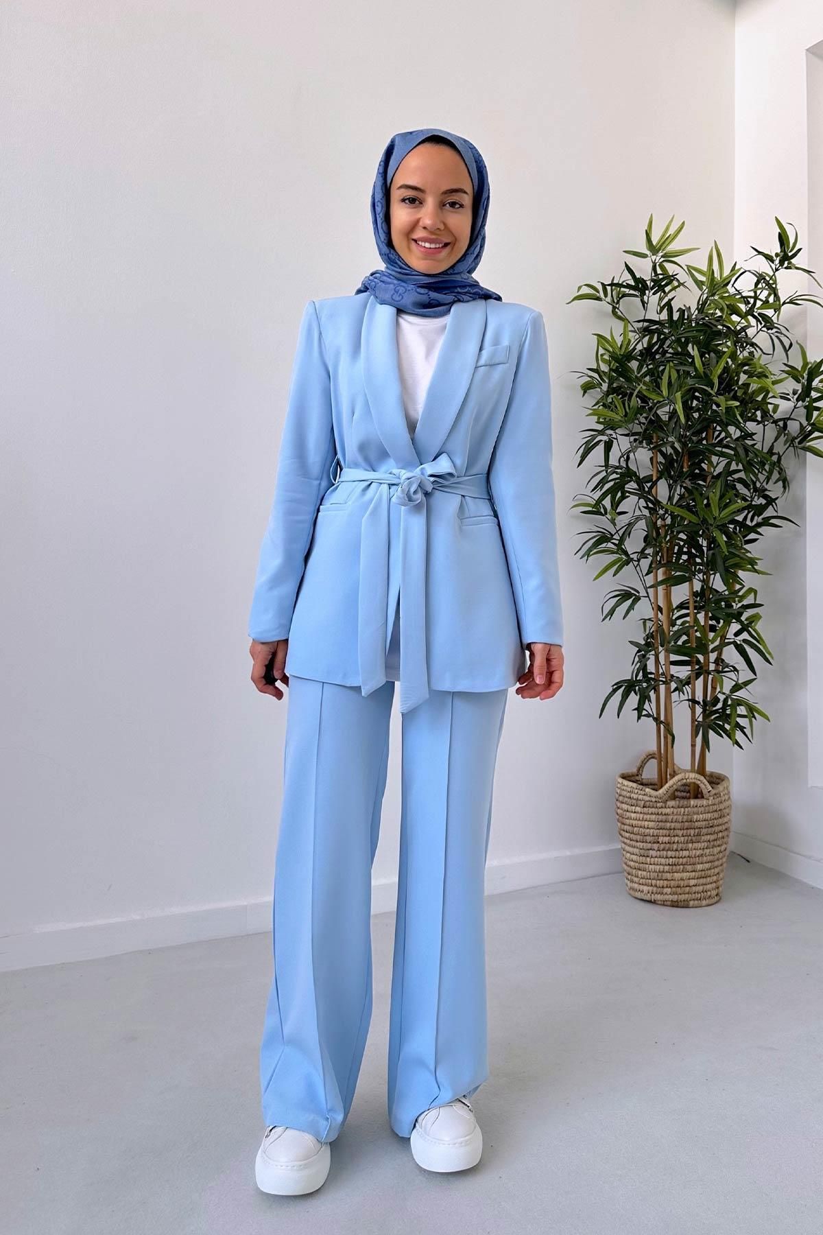 Ka Hijab Vatkalı Blazer Ceket Pantolon Takım - Mavi