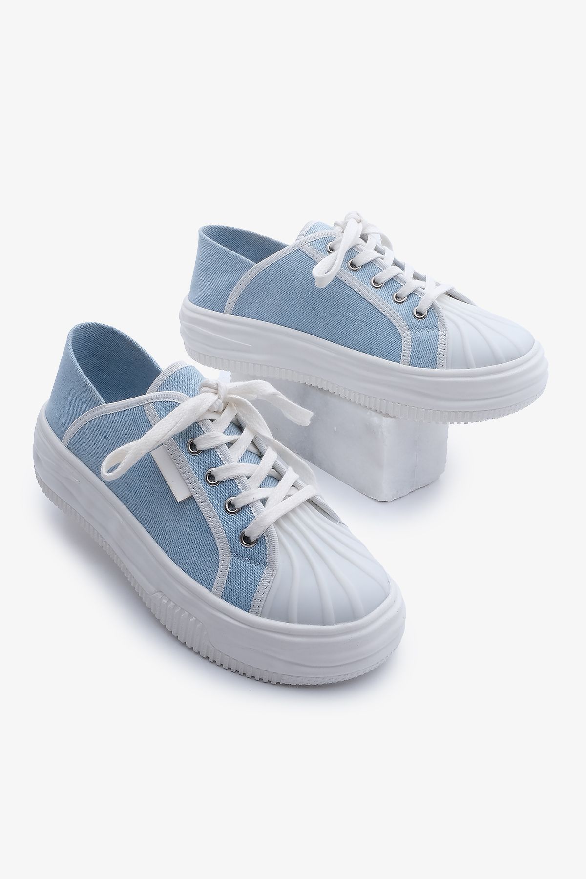 Marjin Kadın Sneaker Kalın Taban Bağcıklı Spor Ayakkabı Arnes Mavi Kot