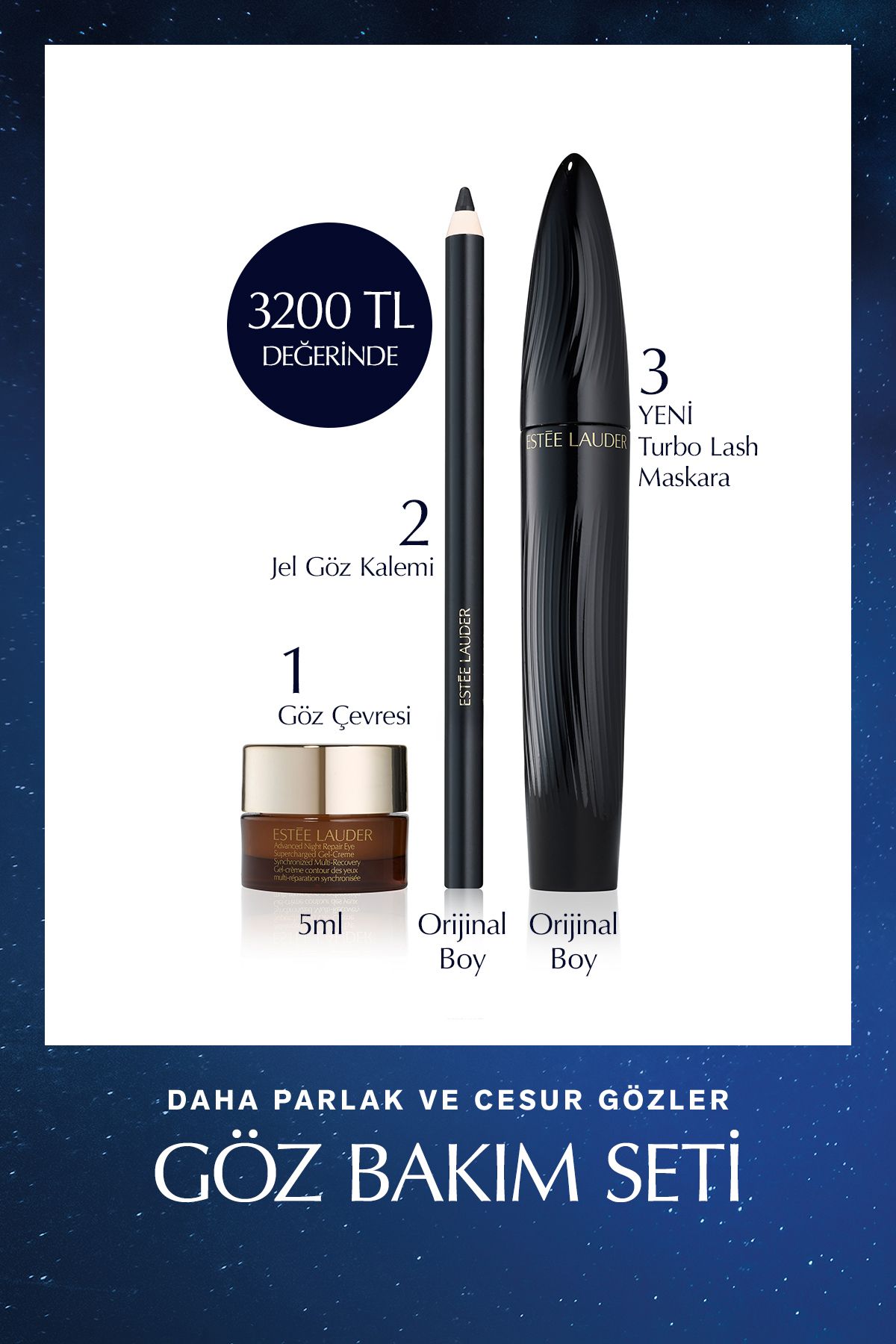 Estee Lauder Turbo Lash Maskara Göz Bakım Seti - Siyah Maskara 8ml, Jel Göz Kalemi 1.2gr, Göz Kremi 5ml