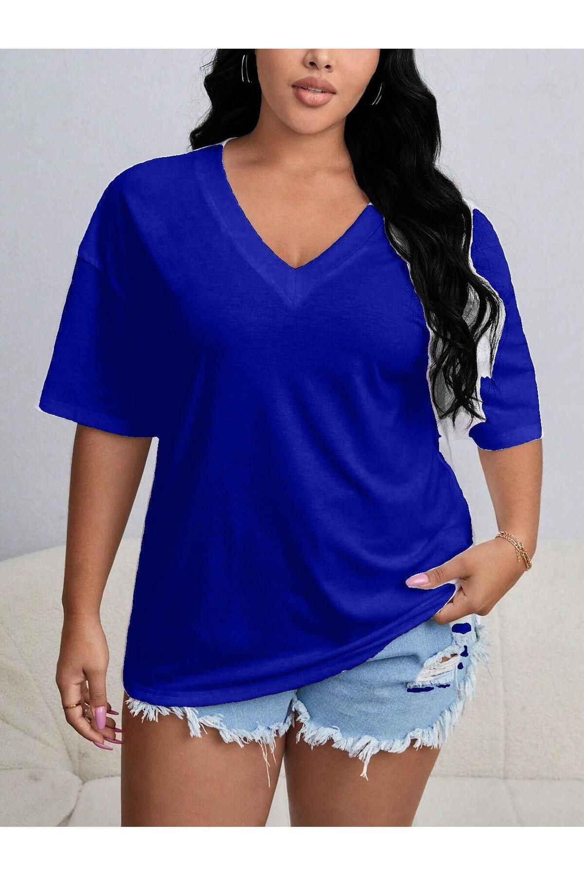 StartMore Düz Renk V Yaka Oversize Salaş Kadın T-Shirt