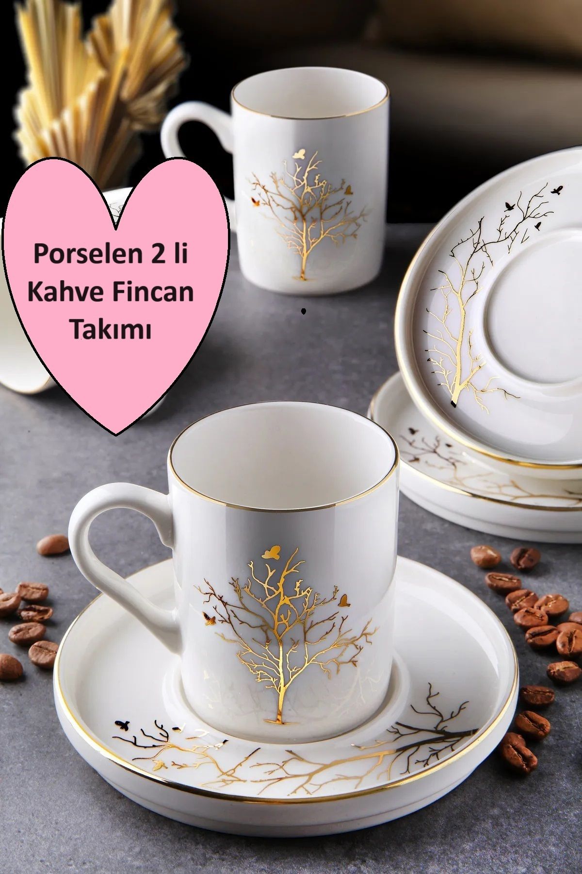 WuuQ Beyaz Porselen Hayat Ağacı Desen 4 Parça 2 kişilik Kahve Fincan Seti - 100 Ml