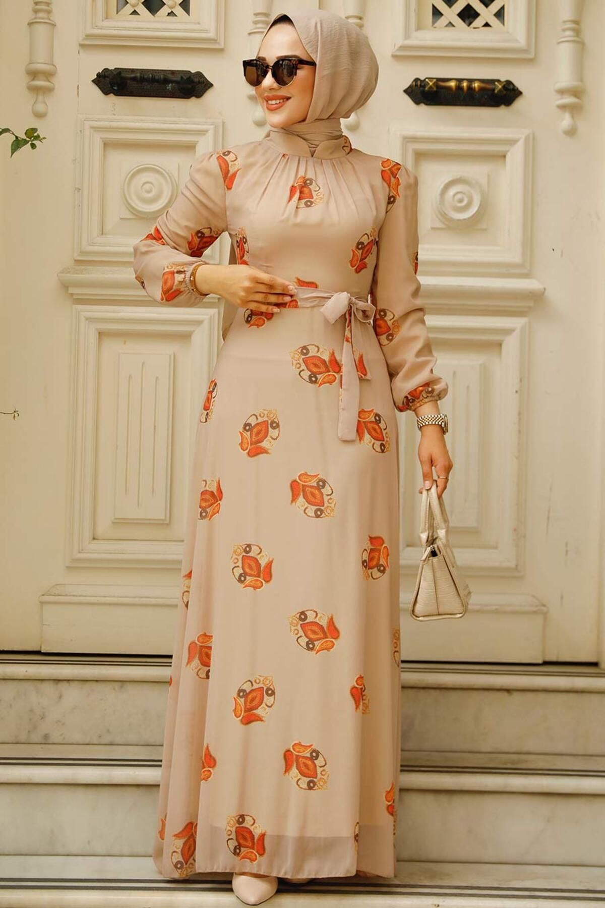 Neva Style - Çiçek Desenli Vizon Tesettür Elbise 27937v