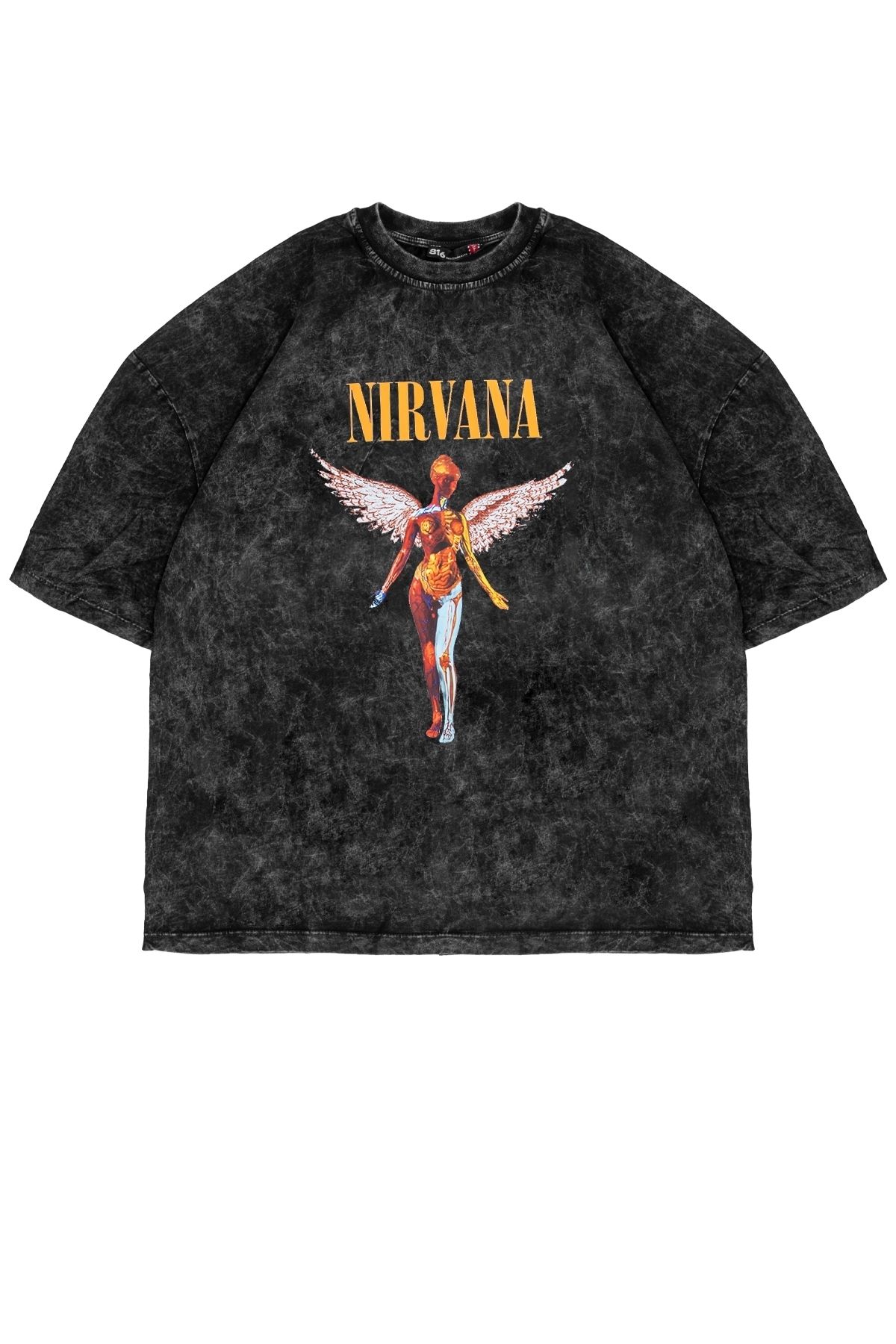 Sekizbiraltı Nirvana Angel Baskılı Oversize Unisex Yıkamalı Füme Tshirt