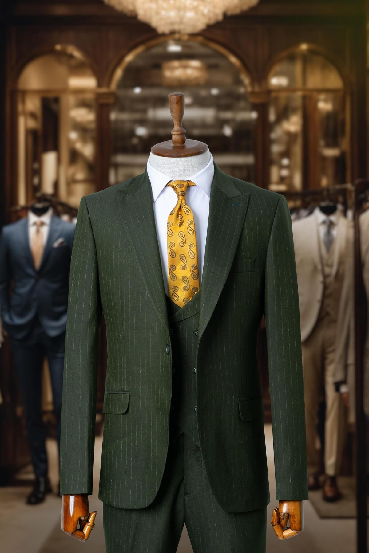 Salihtarzz Takım Elbise İtalyan Kesim Çizgili Yelekli Yeşil SD4177