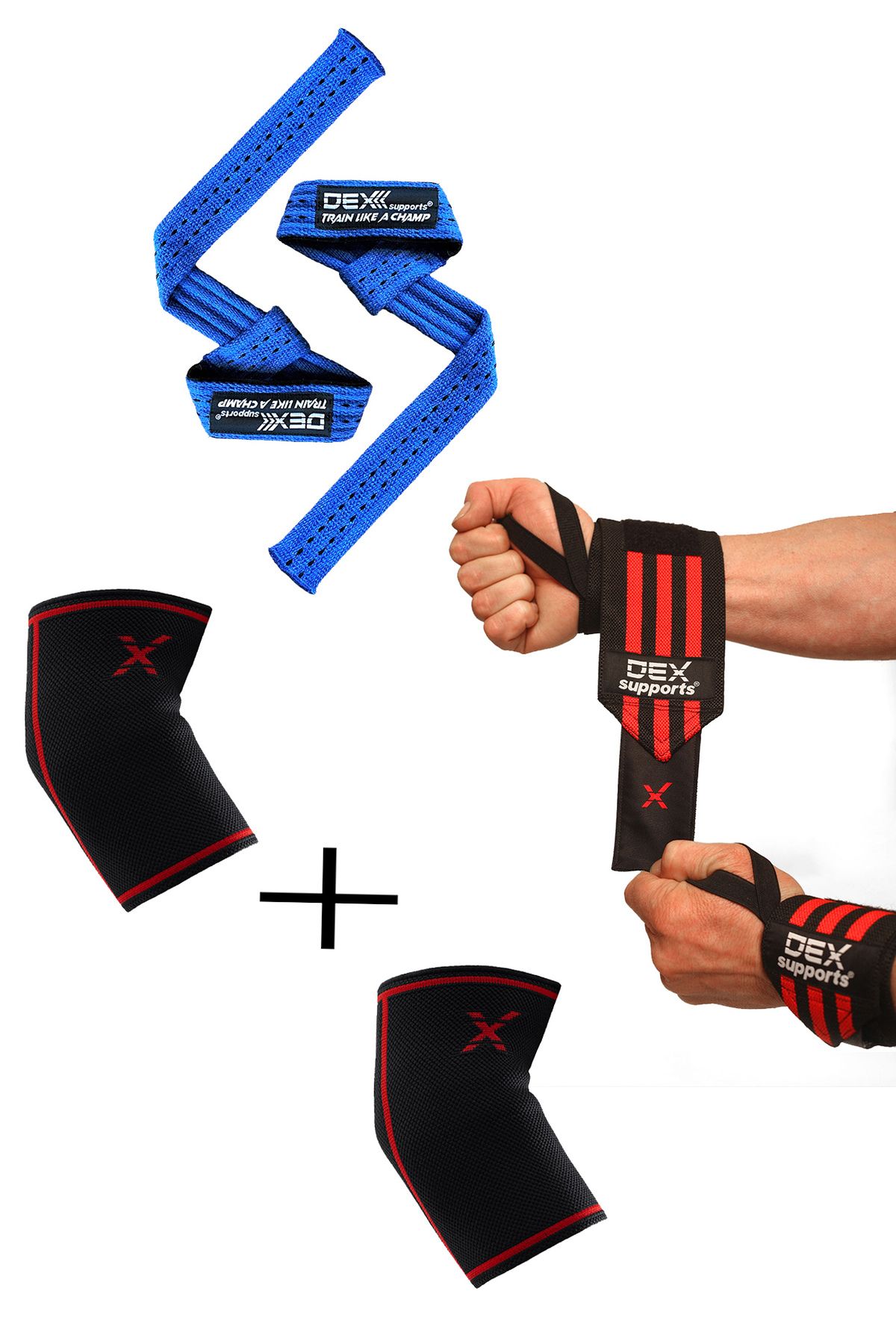 Dex Supports Lasting Energy Spor Dirseklik Elbow Sleeve+ Spor Bileklik Wrist Wraps  +  Lifting Straps 3^lü Set