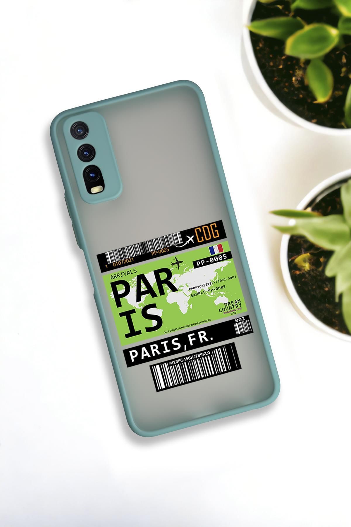 mooodcase Vivo Y20 Uyumlu Paris Ticket Desenli Buzlu Şeffaf Lüx Telefon Kılıfı