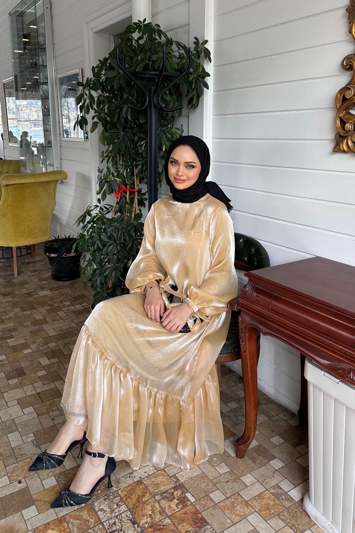 sawosh Shine Organze Kumaş Elbise GOLD